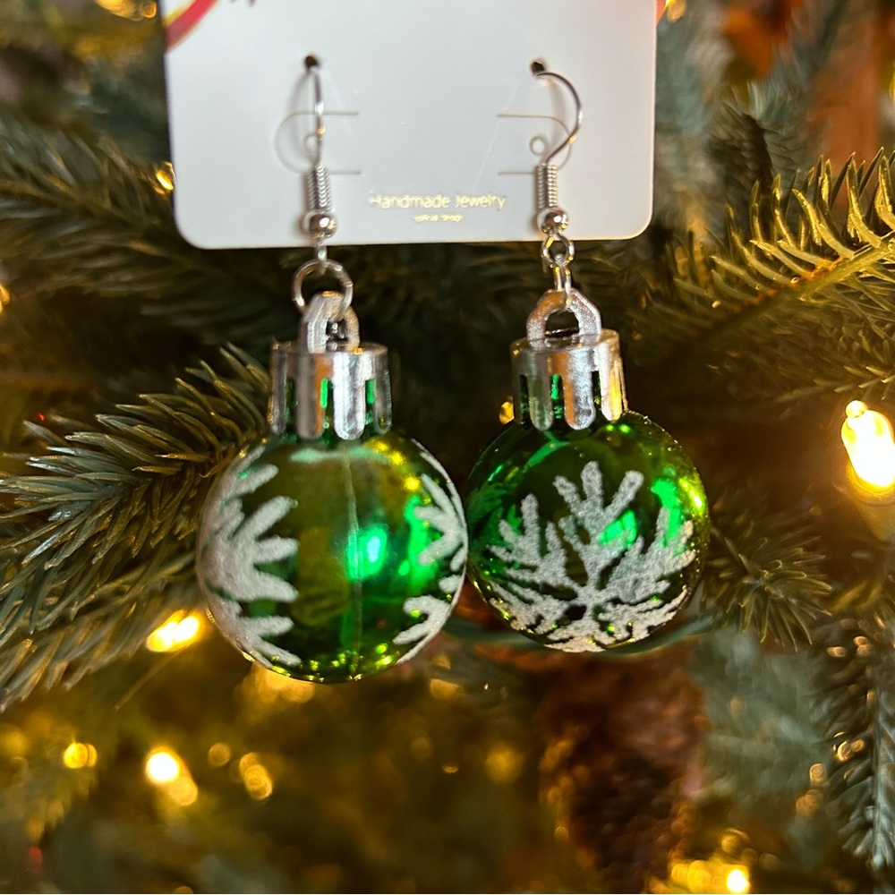 Christmas Ornament Earrings ~ Green with Snowflakes ~ Brand New!